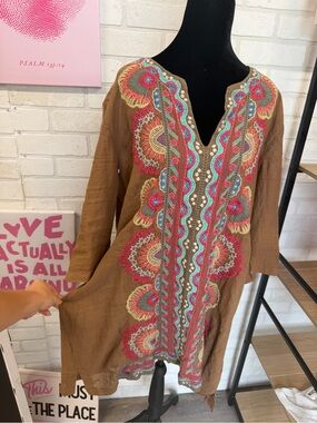 Johnny Was Tan/brown Embroidered Tunic Dress
